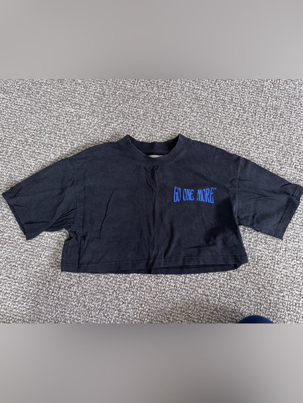 Black Crop Tee with Blue "Go One More" Text